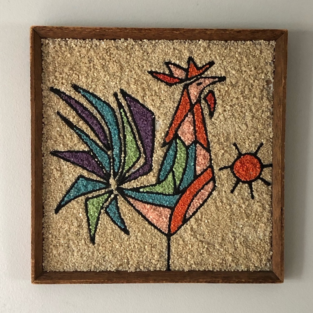 Vintage Gravel Pebble Artwork Rustic Rooster in wood frame